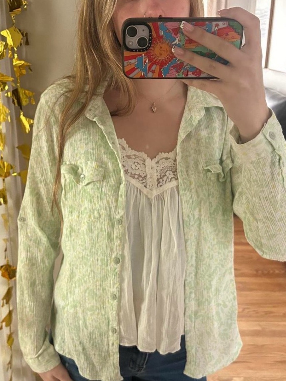 White Sierra Light Green Floral Button-Front Sleep Top